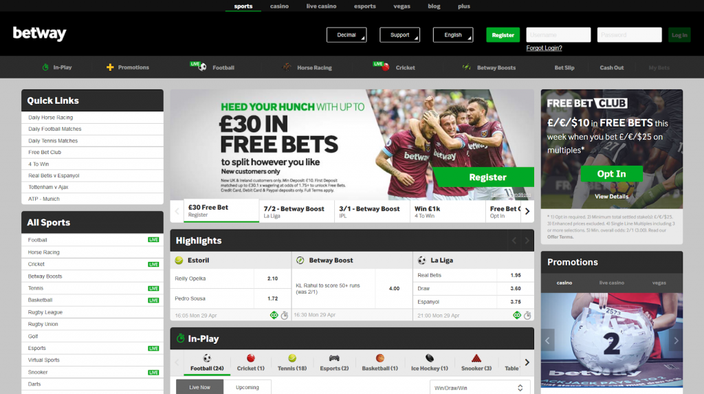 Betway offers standard, express and «live» bets